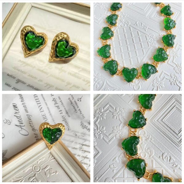 18K Gold Plated Vintage Heart Shape Crystal Glass Necklace Jewelry Sets - Dark Green