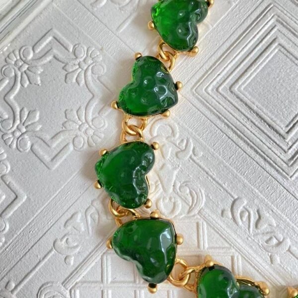 18K Gold Plated Vintage Heart Shape Crystal Glass Necklace Jewelry Sets - Dark Green - Image 6