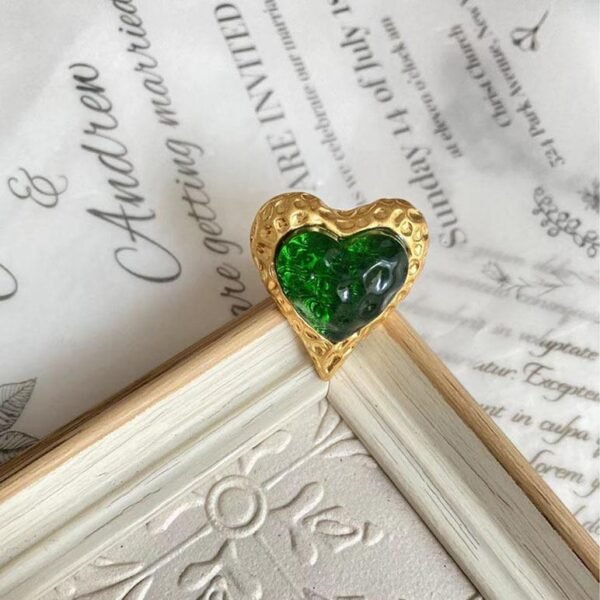 18K Gold Plated Vintage Heart Shape Crystal Glass Necklace Jewelry Sets - Dark Green - Image 4