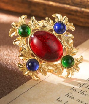 18k Gold Plated Vintage Four Leaf Flower Red Glass Ring Adjustable Size