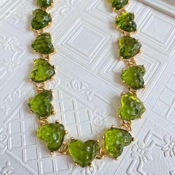 18K Gold Plated Vintage Heart Shape Crystal Glass Necklace Bracelet Earrings Ring Jewelry Sets - Light Green