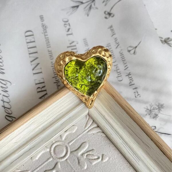 18K Gold Plated Vintage Heart Shape Crystal Glass Necklace Bracelet Earrings Ring Jewelry Sets - Light Green - Image 3