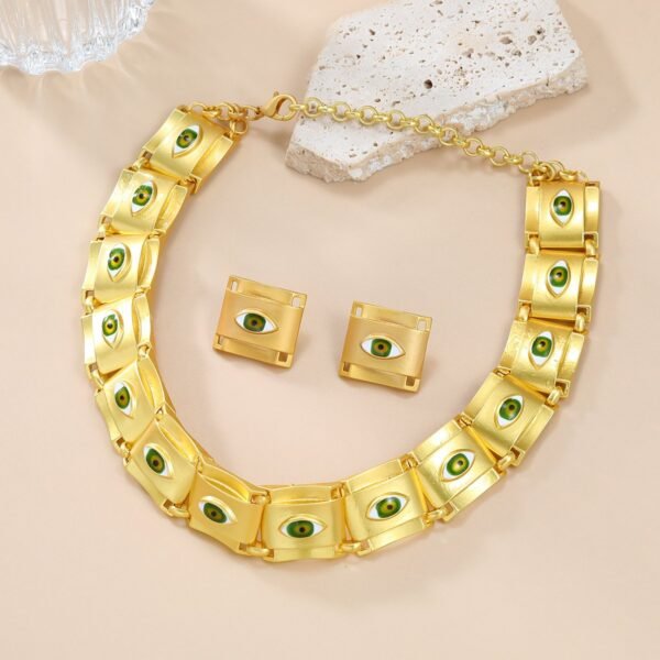 Square Shape Green Eye Alloy Necklace Earrings Set
