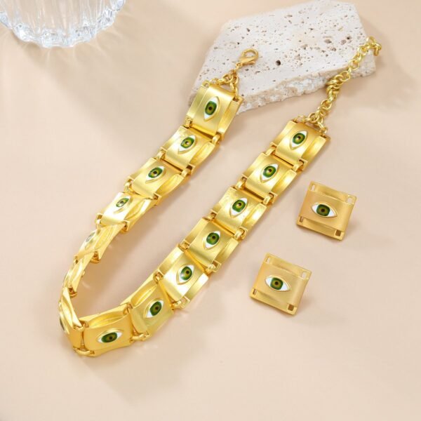 Square Shape Green Eye Alloy Necklace Earrings Set - Image 7