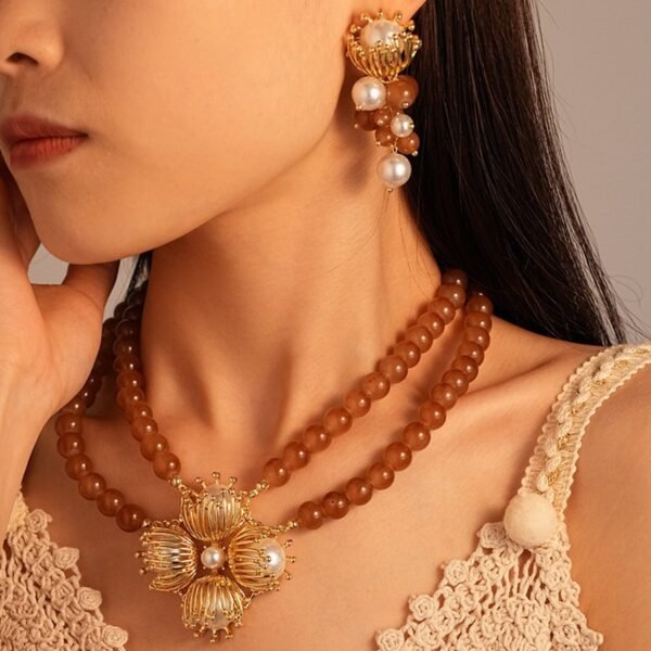 Gold Flower Pearl Pendant Orange Beads Double Layers Chain Grapes Earrings Sets - Image 2