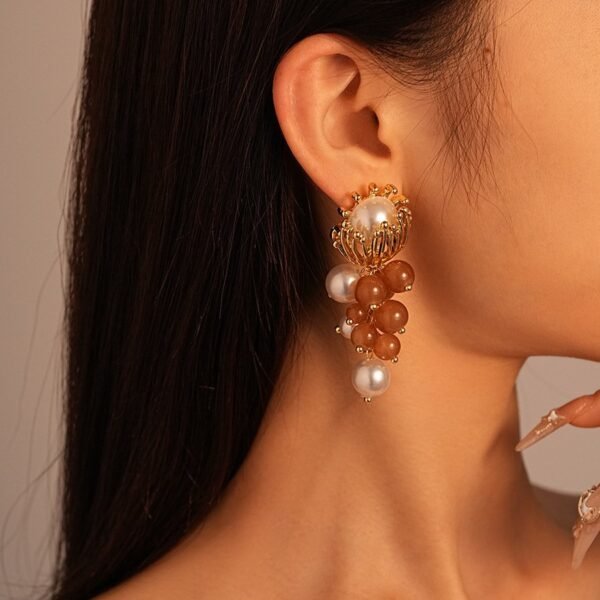 Gold Flower Pearl Pendant Orange Beads Double Layers Chain Grapes Earrings Sets - Image 3