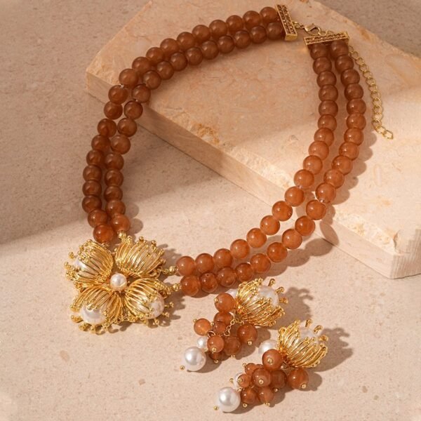 Gold Flower Pearl Pendant Orange Beads Double Layers Chain Grapes Earrings Sets