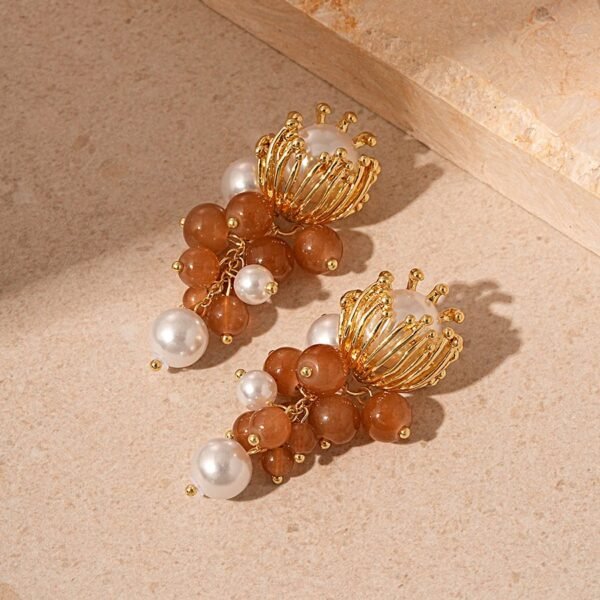 Gold Flower Pearl Pendant Orange Beads Double Layers Chain Grapes Earrings Sets - Image 4