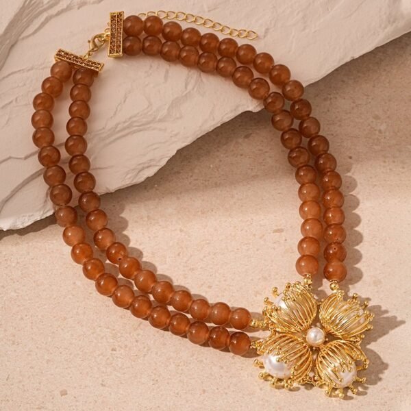 Gold Flower Pearl Pendant Orange Beads Double Layers Chain Grapes Earrings Sets - Image 5