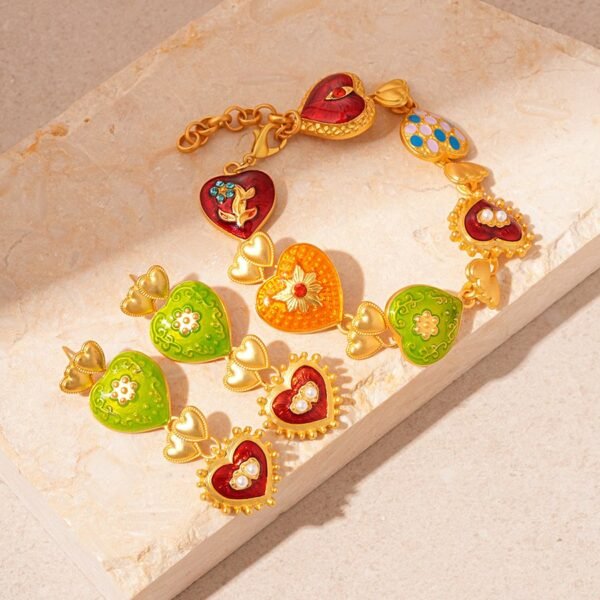 Colorful Enamel Heart Shape Necklace Bracelet Earrings sets - Image 5