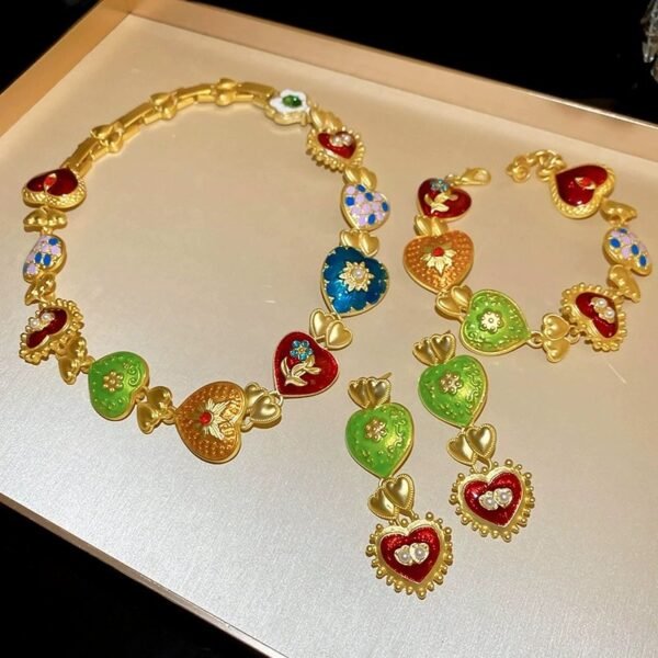 Colorful Enamel Heart Shape Necklace Bracelet Earrings sets