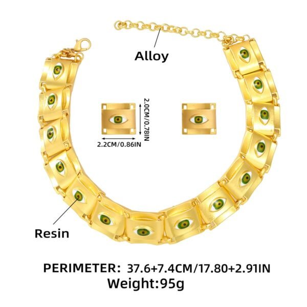 Square Shape Green Eye Alloy Necklace Earrings Set - Image 4
