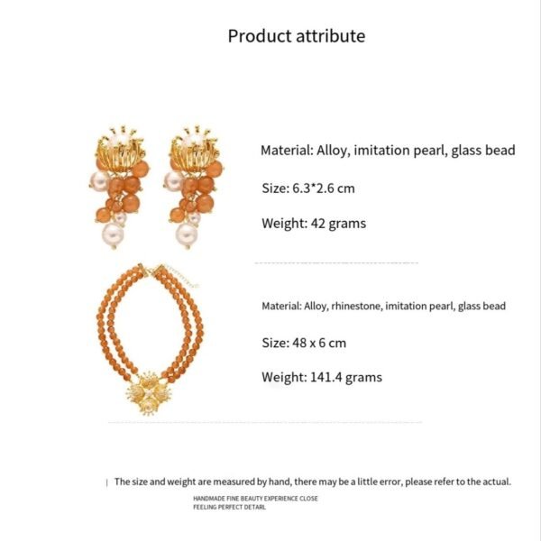 Gold Flower Pearl Pendant Orange Beads Double Layers Chain Grapes Earrings Sets - Image 6