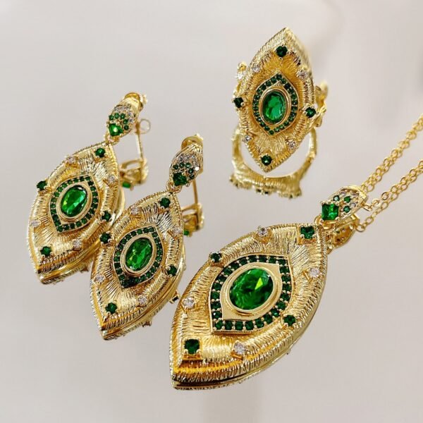Wiredrawing Surface Green Zircon Eye Shape Necklace Earrings Ring Sets
