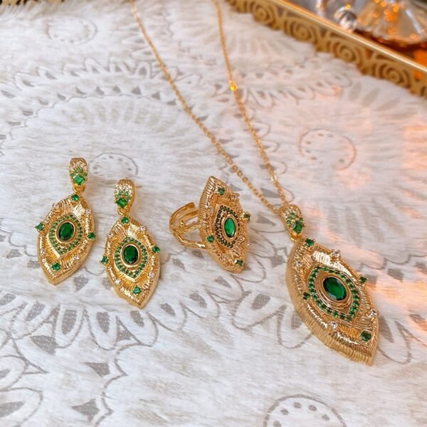 Wiredrawing Surface Green Zircon Eye Shape Necklace Earrings Ring Sets - Image 4