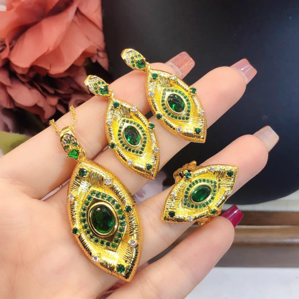 Wiredrawing Surface Green Zircon Eye Shape Necklace Earrings Ring Sets - Image 6