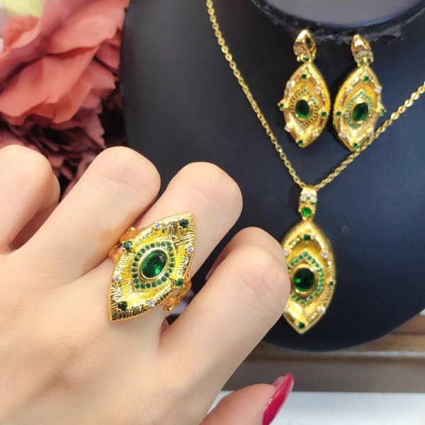 Wiredrawing Surface Green Zircon Eye Shape Necklace Earrings Ring Sets - Image 5