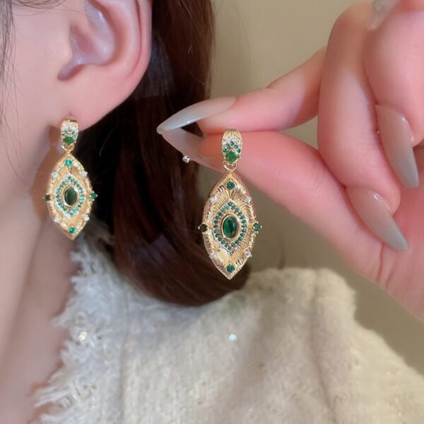 Wiredrawing Surface Green Zircon Eye Shape Necklace Earrings Ring Sets - Image 2