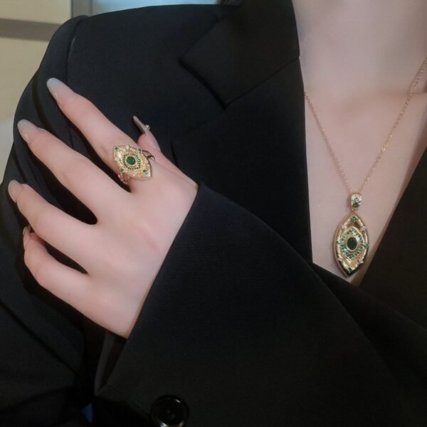 Wiredrawing Surface Green Zircon Eye Shape Necklace Earrings Ring Sets - Image 3