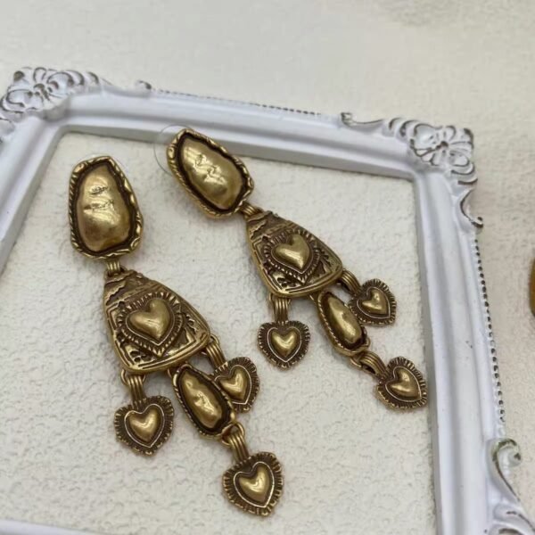 18k Gold Plated Vintage Design Retro Heart Tessel Long Dangle Earrings - Image 6