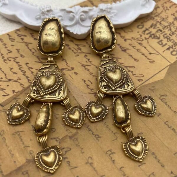 18k Gold Plated Vintage Design Retro Heart Tessel Long Dangle Earrings - Image 5