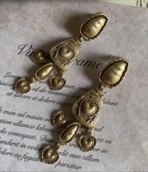 18k Gold Plated Vintage Design Retro Heart Tessel Long Dangle Earrings