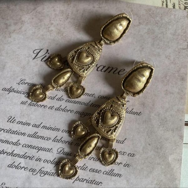 18k Gold Plated Vintage Design Retro Heart Tessel Long Dangle Earrings