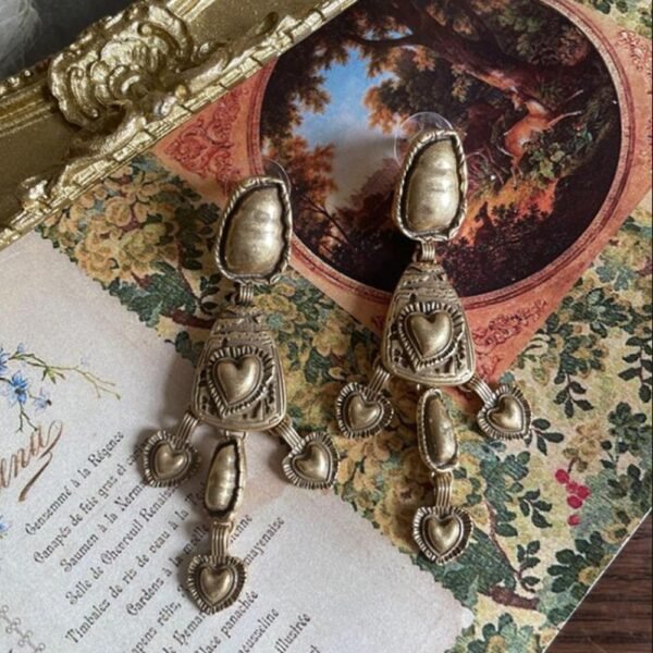 18k Gold Plated Vintage Design Retro Heart Tessel Long Dangle Earrings - Image 4