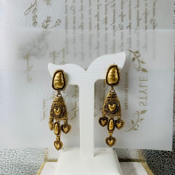 18k Gold Plated Vintage Design Retro Heart Tessel Long Dangle Earrings - Image 3