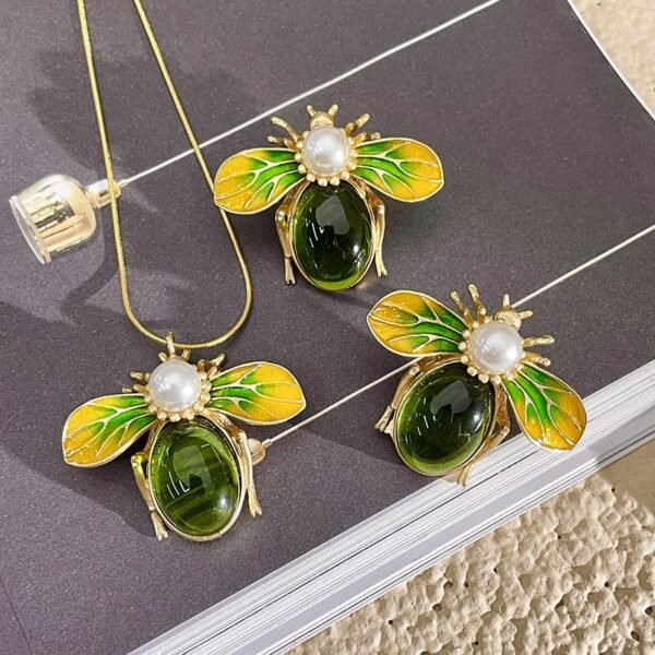 Cute Green Honey Bees Yellow Enamel Color Wings Earrings Necklace Set - Image 2