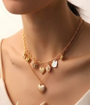 Gold Color Multi-layered Heart Butterfly Charms Doulbe Layer Necklace