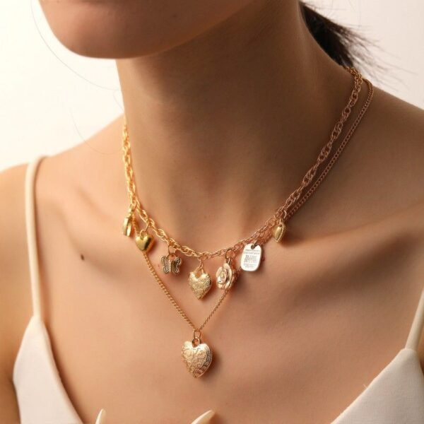 Gold Color Multi-layered Heart Butterfly Charms Doulbe Layer Necklace