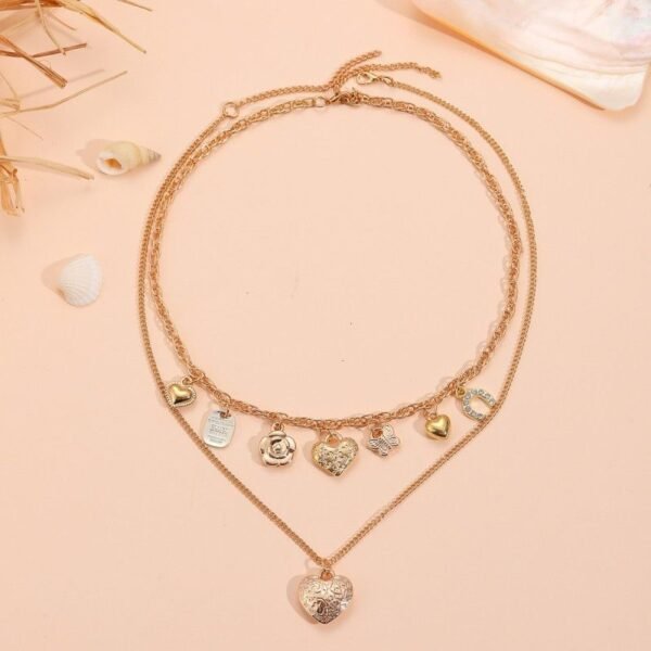 Gold Color Multi-layered Heart Butterfly Charms Doulbe Layer Necklace - Image 4