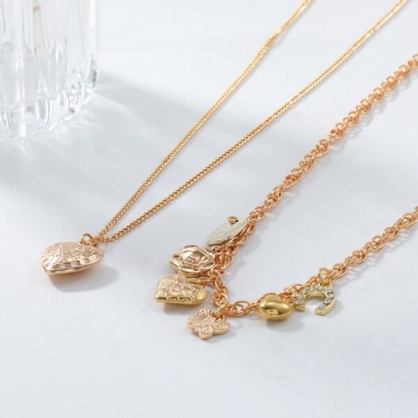 Gold Color Multi-layered Heart Butterfly Charms Doulbe Layer Necklace - Image 5