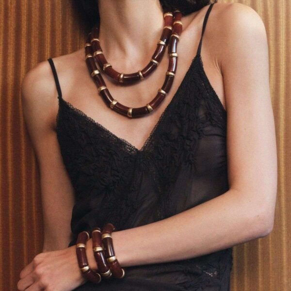 Multi-layered Dark Red Resin Bamboo Double Layer Necklace Bracelets Earrings Sets