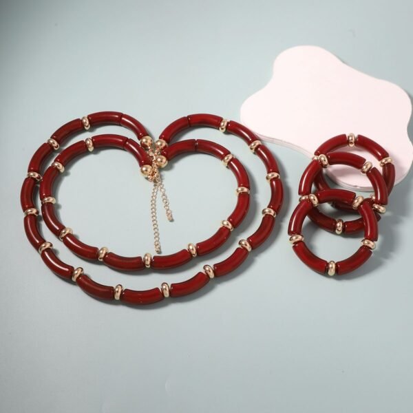 Multi-layered Dark Red Resin Bamboo Double Layer Necklace Bracelets Earrings Sets - Image 3