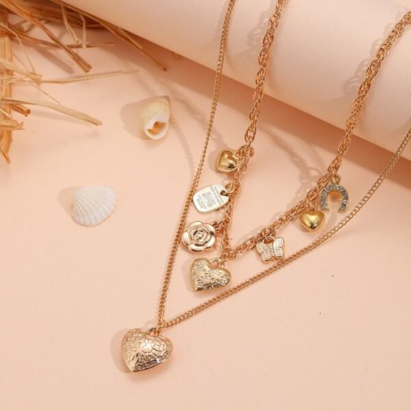 Gold Color Multi-layered Heart Butterfly Charms Doulbe Layer Necklace - Image 2