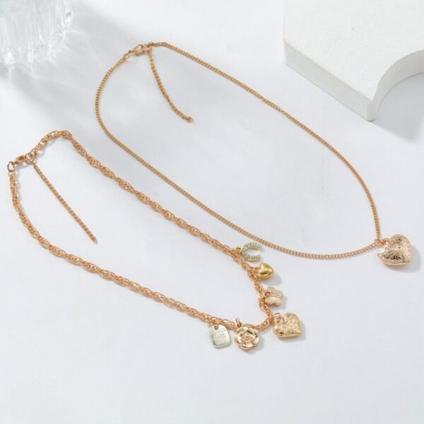 Gold Color Multi-layered Heart Butterfly Charms Doulbe Layer Necklace - Image 3
