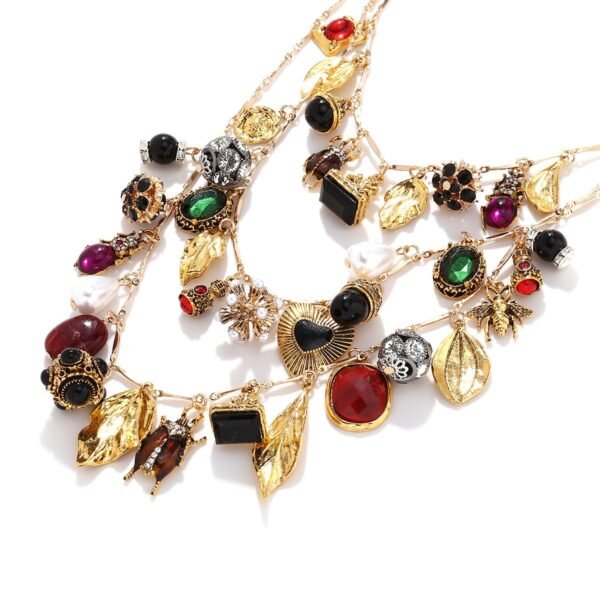 Vintage Design Multi-layered Insect Leaf Heart Charms Necklace Set - Image 3