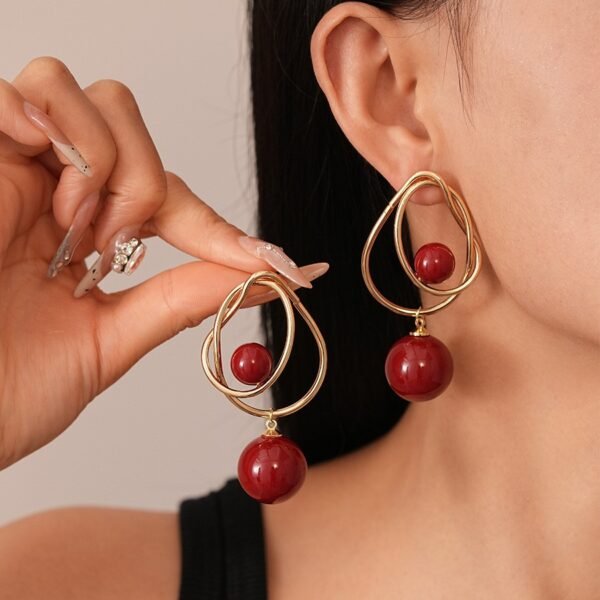 Multi-layered Dark Red Resin Bamboo Double Layer Necklace Bracelets Earrings Sets - Image 2