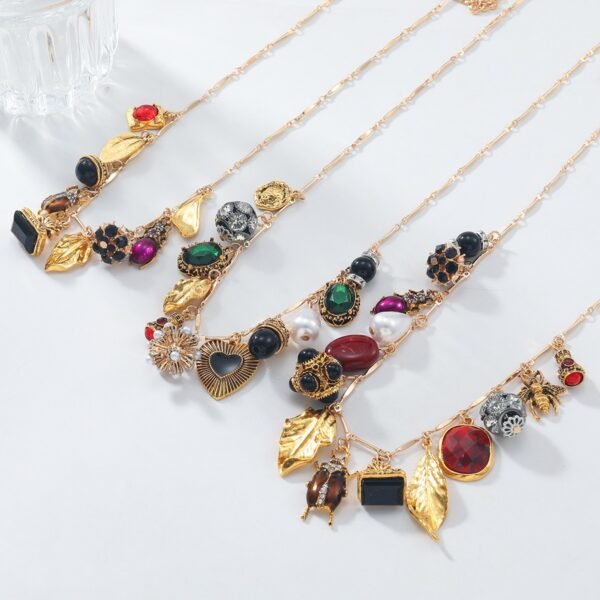 Vintage Design Multi-layered Insect Leaf Heart Charms Necklace Set - Image 5
