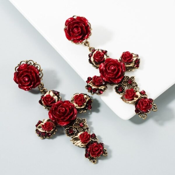 Red Roses Cross Shape Long Dangle Earrings - Image 4