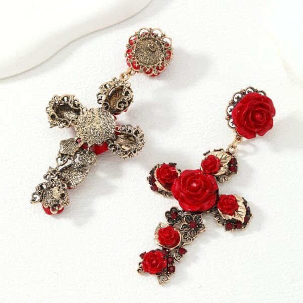 Red Roses Cross Shape Long Dangle Earrings - Image 5
