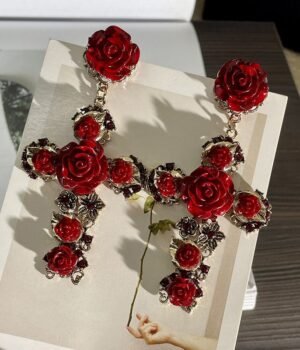 Red Roses Cross Shape Long Dangle Earrings
