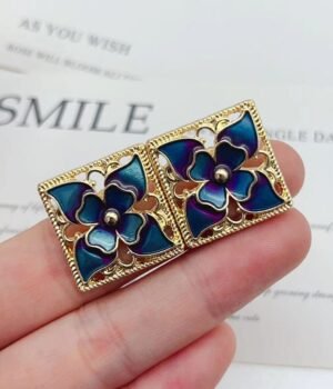 Vintage Design Square Shape Enamel Dark Blue Color Four Leaves Flowe Stud Earrings