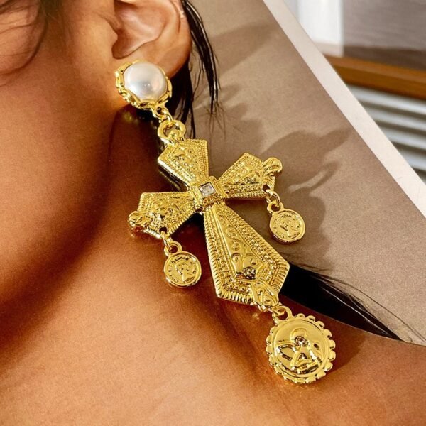 Gold Color Cross Shape Long Dangle Earrings with Coin Tessel and Imitation Pearl - Image 6