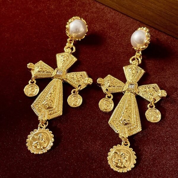 Gold Color Cross Shape Long Dangle Earrings with Coin Tessel and Imitation Pearl - Image 3