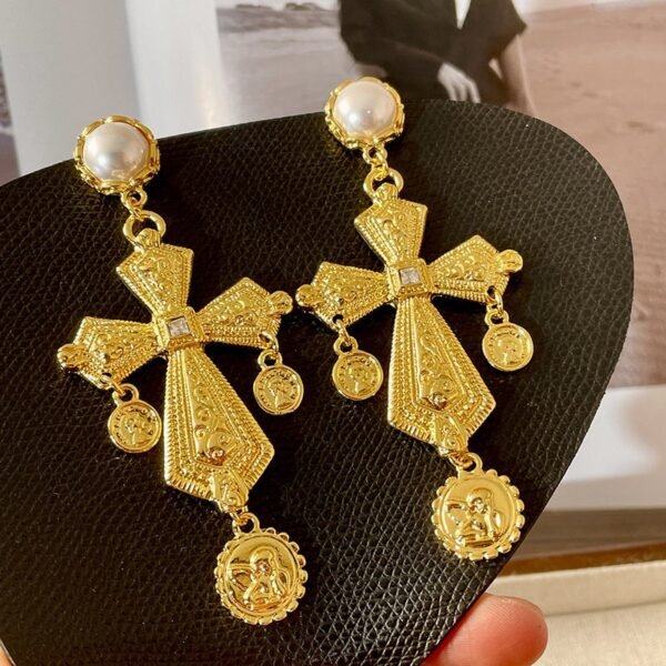 Gold Color Cross Shape Long Dangle Earrings with Coin Tessel and Imitation Pearl - Image 2