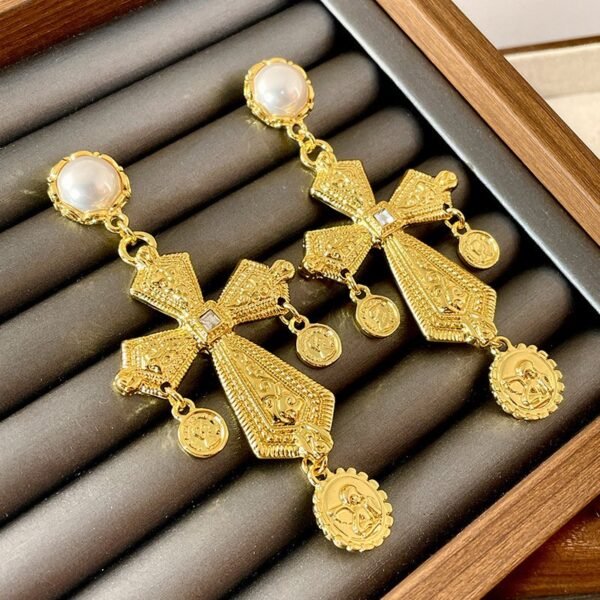 Gold Color Cross Shape Long Dangle Earrings with Coin Tessel and Imitation Pearl - Image 5
