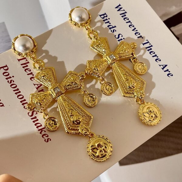 Gold Color Cross Shape Long Dangle Earrings with Coin Tessel and Imitation Pearl
